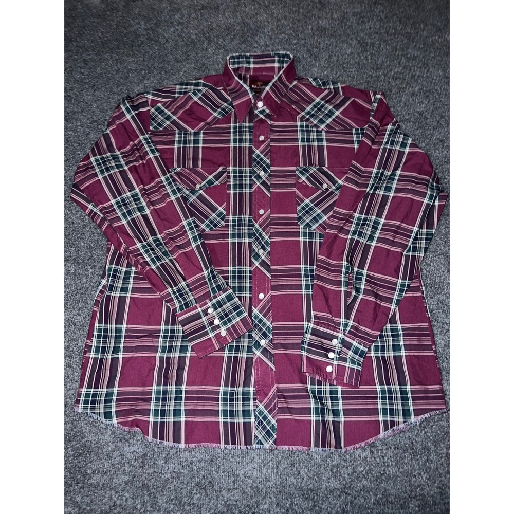 Wrangler Western Shirt Mens XL Purple Green Plaid Pearl Snap Vintage Long Sleeve